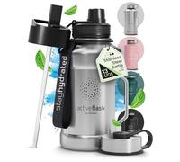 Borraccia in acciaio inox Active Flask + cannuccia (3 tappi) | 1,3/2,2 litri bottiglia sportiva senza BPA a prova di perdite per bibite gassate, 2l XL bottiglie Sport Outdoor Palestra Acqua