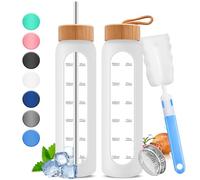 Borraccia in vetro con indicatore del tempo, 1000 ml, grande, motivazionale, con 2 coperchi in bambù, sigillato e foro per cannuccia, bottiglia da 1 l, per fitness, con cannuccia in acciaio inox e