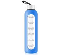 Borraccia in vetro da 1 litro con coperchio in acciaio inox, borraccia sportiva da 1000 ml, con indicatore del tempo, riutilizzabile, in silicone infrangibile, per fitness, palestra, attività