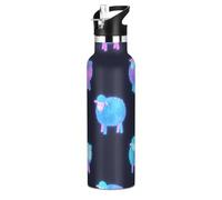 Borraccia isolata a forma di pecora fluorescente blu fluo, a prova di perdite, senza BPA, riutilizzabile, 590 ml, con coperchio con cannuccia, isolamento a doppia parete, per la scuola, ragazzi e