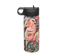Borraccia isolata con unicorno rosa tagliato in carta da viaggio per il tempo libero, bottiglia d'acqua con cannuccia in acciaio inox (510 ml), adatta per campeggio, fitness, escursioni all'aperto