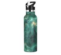 Borraccia isolata di lusso verde oro con texture marmorizzata a tenuta stagna e priva di BPA, 590 ml, con coperchio con cannuccia, isolata sottovuoto, per viaggi e sport