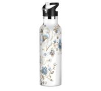 Borraccia leggera riutilizzabile con cannuccia, con elegante fiore in pizzo blu e oro, mantiene caldo e freddo, per viaggi e sport vasos termicos frio y caliente con tapa para ninos