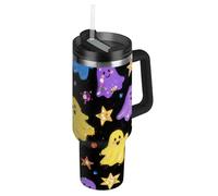 Borraccia natalizia con lustrini colorati e fantasmi sottovuoto, riutilizzabile, con cannuccia, coperchio a prova di perdite e cannuccia, tazza decorativa da viaggio per caffè, a prova di perdite, a