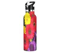 Borraccia per bambini con cannuccia, a prova di perdite, per sport, per bambini e bambine, 590 ml, senza BPA, con margherite rosse
