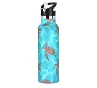 Borraccia per bambini con cannuccia, a prova di perdite, per sport, per bambini e bambine, 590 ml, senza BPA, motivo tartarughe marine blu acqua