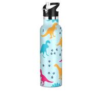 Borraccia per bambini con cannuccia, a prova di perdite, per sport, per bambini e bambine, 590 ml, senza BPA, con dinosauro colorato blu