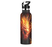 Borraccia per bambini con cannuccia, per la scuola, 590 ml, in acciaio inox, isolata sottovuoto, per viaggi o scuola, senza BPA, con fiamme di testa di drago, colore nero