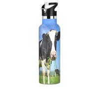 Borraccia per bambini per la scuola, 590 ml, per ragazzi e ragazze, senza BPA, motivo mucca nera bianca che mangia erba blu prato