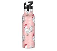 Borraccia per bambini per la scuola, a prova di perdite, per sport, per bambini e bambine, 590 ml, senza BPA, con galli bianchi e pettini rossi