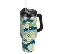 Borraccia riutilizzabile con zefiro giapponese verde e fiori di ciliegio, per bambini, coperchio a prova di perdite e cannuccia, tazza da viaggio decorativa per caffè, 1,18 l, per scuola, sport, asilo