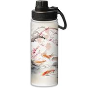 Borraccia sportiva con design a forma di carpa e fiori di ciliegio da 18 oz, a prova di perdite, in acciaio inossidabile con isolamento sotto vuoto, doppia parete, tazza termica, rosso e bianco