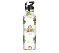 Borraccia sportiva per bambini con cannuccia, a prova di perdite, per bambini e bambine, 590 ml, senza BPA, con simpatiche scimmie e foglie tropicali