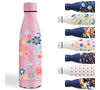 Borraccia Termica, 500ml Borraccia Bambini, Borraccia Termica Personalizzata, Borraccia Metallo Senza Perdite, Borraccia Bambini Acciaio, per Scuola, Yoga, Uffici, Campeggio, Ciclismo, Fiore- Rosa