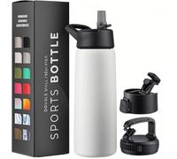 Borraccia termica a tripla parete 750 ml, con cannuccia, in acciaio inox, 3 coperchi anti-perdita, per viaggi, scuola, sport, palestra, uomini, donne (bianco perlato puro)