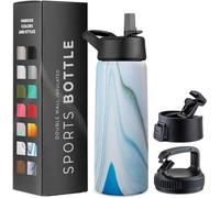 Borraccia termica a tripla parete da 750 ml, con cannuccia, in acciaio inox, con 3 coperchi a prova di perdite, per viaggi, scuola, sport, palestra, uomini, donne (squisito marmo blu)