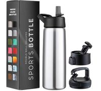 Borraccia termica a tripla parete da 750 ml, con cannuccia, in acciaio inox, con 3 coperchi a prova di perdite, per viaggi, scuola, sport, palestra, uomini, donne (acciaio inossidabile spazzolato)