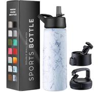 Borraccia termica a tripla parete da 750 ml, con cannuccia, in acciaio inox, con 3 coperchi a prova di perdite, per viaggi, scuola, sport, palestra, uomini, donne (marmo bianco fresco)