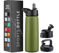 Borraccia termica a tripla parete da 750 ml, con cannuccia, in acciaio inox, con 3 coperchi a prova di perdite, per viaggi, scuola, sport, palestra/uomini, donne (verde militare)