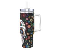 Borraccia termica con cannuccia e manico con stampa "Day of The Dead", da 1184 ml, per caffè caldo e freddo