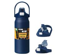 Borraccia termica con cannuccia e manico, in acciaio inox, a doppia parete, con isolamento sottovuoto, mantiene il freddo e la borsa dell'acqua calda per sport, palestra, arrampicata (blu navy)
