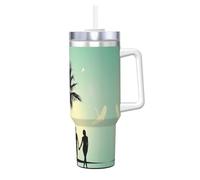 Borraccia termica con scritta "Married Couple Walking on the Beach", da 1184 ml, con manico e cannuccia, per caffè caldo e freddo