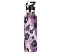Borraccia termica con stampa leopardata viola, a prova di perdite, priva di BPA, 590 ml, con cannuccia, a doppia parete, sottovuoto, per acqua, latte, succhi di frutta, scuola, campeggio, sport