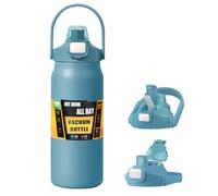 Borraccia termica da 1,5 l, con cannuccia e manico, in acciaio inox, a doppia parete, con isolamento sottovuoto, mantiene il freddo e la borsa dell'acqua calda per sport, palestra, arrampicata (blu)