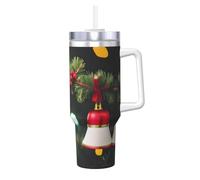Borraccia termica da 1180 ml, con stampa completa di albero di Natale e campana, per caffè caldo e freddo, da viaggio, sport, palestra e ufficio