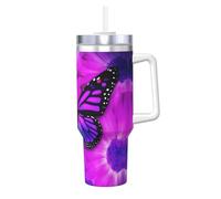 Borraccia termica da 1180 ml con stampa di farfalle e fiori viola, con manico e cannuccia, bottiglia d'acqua da viaggio per caffè caldo e freddo
