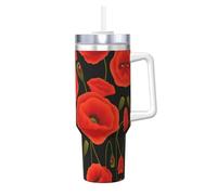 Borraccia termica da 1180 ml con stampa di papaveri con stampa di fiori di papavero con cannuccia e manico, bottiglia d'acqua da viaggio per caffè caldo e freddo