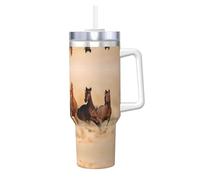 Borraccia termica da 1180 ml con stampa di un cavallo che corre nel deserto e tempesta di sabbia, con manico e cannuccia, per caffè caldo e freddo