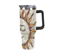 Borraccia termica da 1180 ml in acciaio inox, tazza da viaggio per auto con cannuccia, grande tazza per bevande calde e fredde per l'uso quotidiano, sole magico e luna