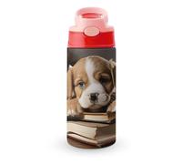 Borraccia termica da 12 OZ con cannuccia con tappo a scatto - Borracce in acciaio inossidabile a prova di perdite, a forma di cucciolo di cane con libro