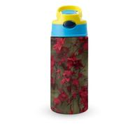 Borraccia termica da 12 OZ con cannuccia con tappo a scatto - Borracce in acciaio inossidabile a prova di perdite, motivo: vite di fiori rossi