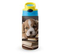 Borraccia termica da 12 OZ con cannuccia con tappo a scatto - Borracce in acciaio inossidabile a prova di perdite, a forma di cucciolo di cane con libro