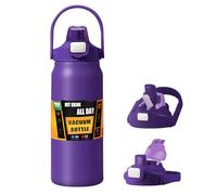 Borraccia termica da 1500 ml, con cannuccia e coperchio a tenuta stagna, in acciaio inox, senza BPA, a bocca larga, con manico portatile, doppia parete, mantiene freddo e caldo (viola)