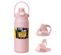 Borraccia termica da 1500 ml, con cannuccia e coperchio a tenuta stagna, in acciaio inox, senza BPA, a bocca larga, con manico portatile, doppia parete, mantiene freddo e caldo (rosa)
