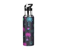 Borraccia termica in acciaio inox con cannuccia, 590 ml, a tenuta stagna, per palestra, viaggi, scuola, palme tropicali al neon