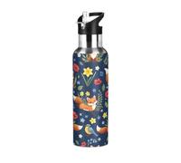 Borraccia termica in acciaio inox con cannuccia, 590 ml, a tenuta stagna, per palestra, viaggi, scuola, volpi carine e fiori colorati