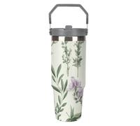Borraccia termica in acciaio inox con cannuccia, da 880,5 ml, con cannuccia, fiori verdi, erbe, foglie e rami di salvia, tazza da viaggio sottovuoto, a prova di perdite, a doppia parete