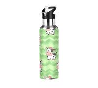 Borraccia termica per lo sport, senza BPA, da 907,2 g, in acciaio inox, con cannuccia, per palestra, attività all'aperto, viaggi, scuola, con simpatiche mucche in stile cartone animato, colore: verde