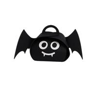 Borsa a mano a forma di pipistrello in feltro nero con silhouette alata e | Il corpo a forma di pipistrello ha ali tese, occhi rotondi, un piccolo naso e piccole zanne, rifinito con una maniglia ad