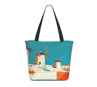 Borsa a mano colorata con mulini a vento greci da donna - Borsa a mano leggera e riutilizzabile in tela con cerniera, borsa in cotone con tracolla per sacchetti di generi alimentari