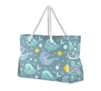 Borsa a mano con cerniera a prova di sabbia con motivo balena blu con tasche laterali, ideale per viaggi, piscina, nuoto, spiaggia, vacanze