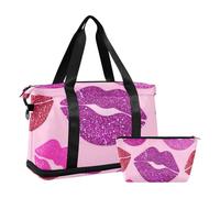 Borsa a mano con labbra finte glitterate, alla moda, rosa, grande, con tracolla regolabile, set da 2 pezzi, Falso Glitter cartone animato labbra moda rosa, 1 size