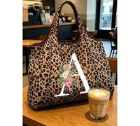 Borsa a mano con stampa leopardata alla moda, lettere A-Z rosa e bianche floreali, materiale in poliestere nylon oxford, borsa tote da donna con stampa leopardata e grande capacità | Spazio shopping a