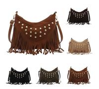 Borsa a mano da donna con frange occidentali, borchie da cowgirl, stile boho Y2k, piccola borsa elegante vintage con nappa anni '70, borsa da lavoro vintage, Marrone A, 26cmX6.5cmX19cm, Zainetto