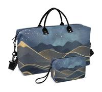 Borsa a mano da viaggio blu e oro con stelle e luna, grande, borsa da palestra con borsa da toilette per trekking, set da 2 pezzi