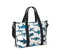 Borsa a mano da viaggio con motivo squalo con vari gesti stampati, leggera, pieghevole, per viaggi di fine settimana, vacanze, aereo